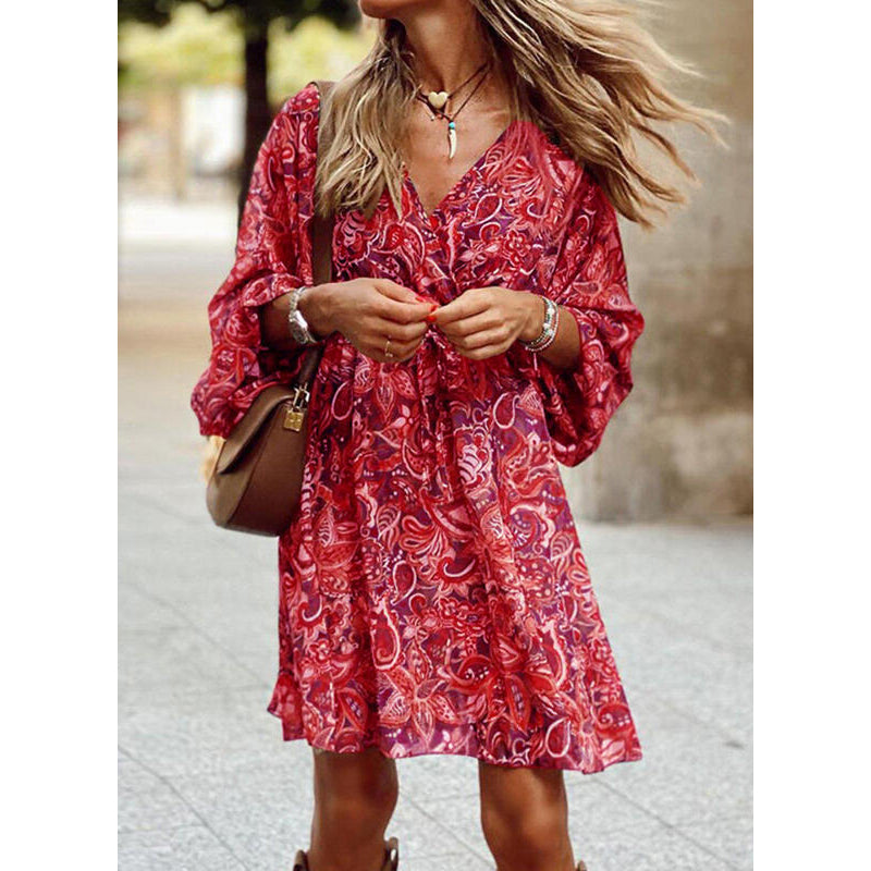 Women's Boho Dress with V-Neck and Long Balloon Sleeves - Red