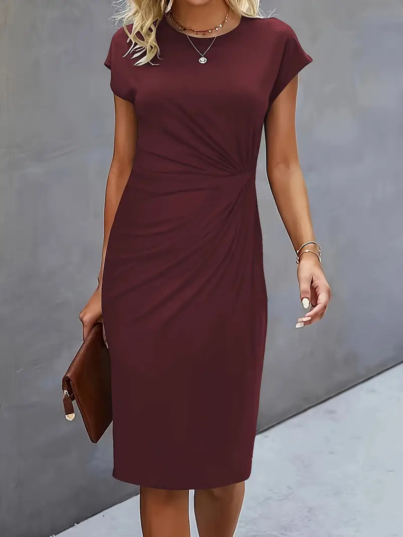Women's Midi Dress with Round Neck and Ruched Waist - 18