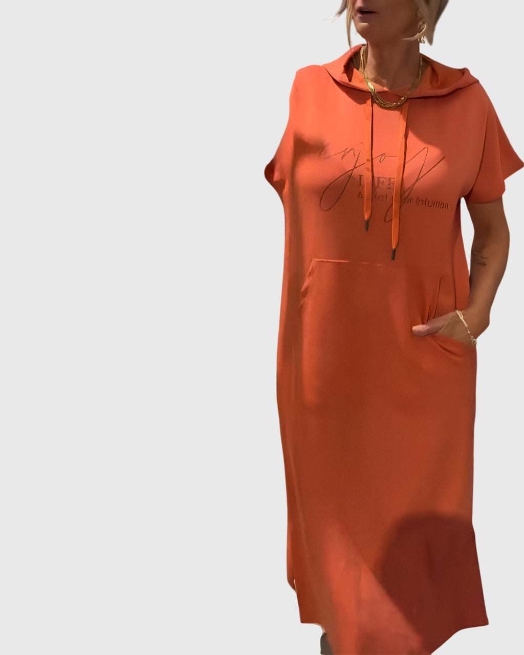 Women's Hooded Dress Short Sleeve with Kangaroo Pocket - 5