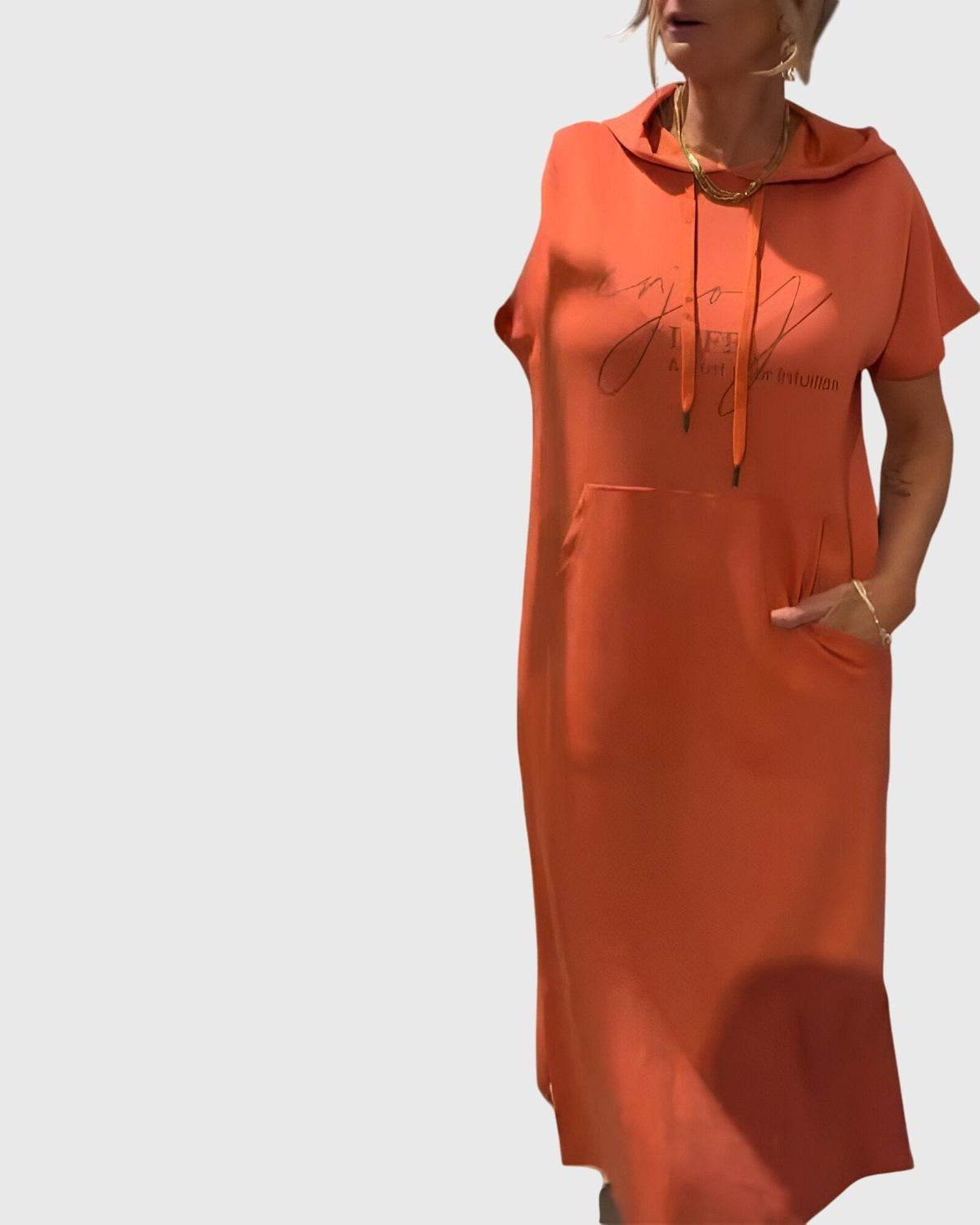 Women's Hooded Dress Short Sleeve with Kangaroo Pocket - 5