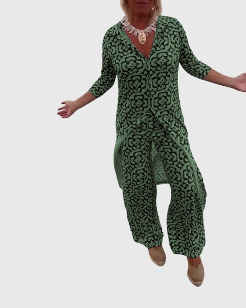 Women's Two-Piece Set Printed Longline Shirt with Wide-Leg Trousers - 5