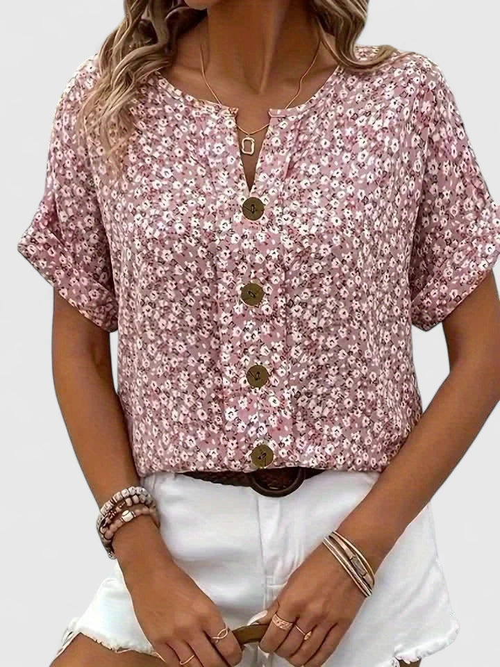 Women's Blouse Short Sleeve with Floral Print and Button-Up Front - 6