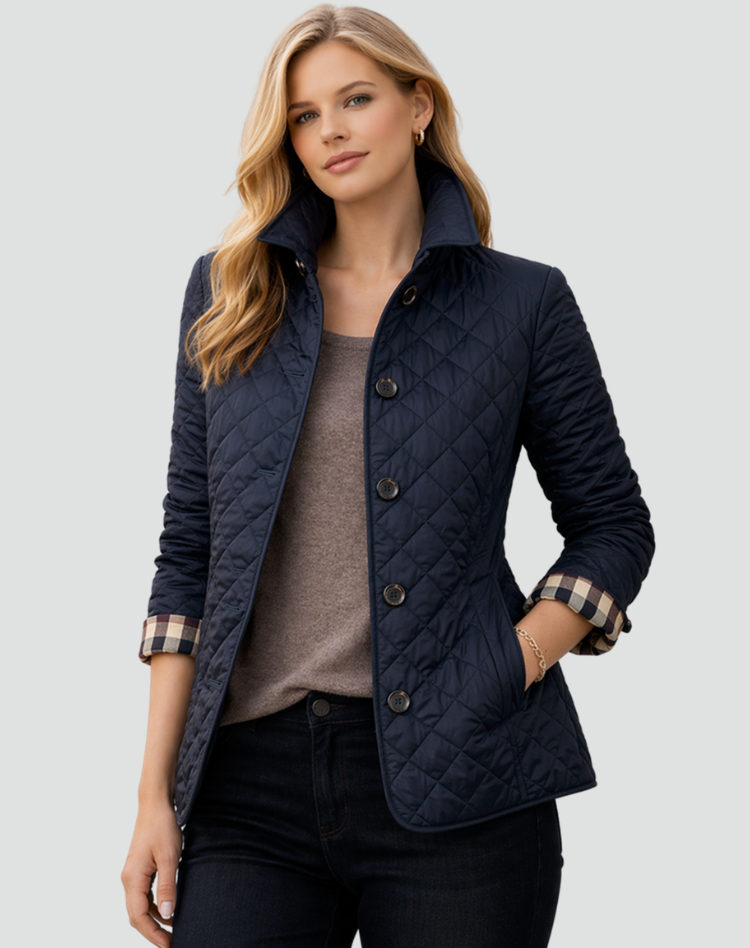 Women's Quilted Jacket with Collar and Button Closure - Blue