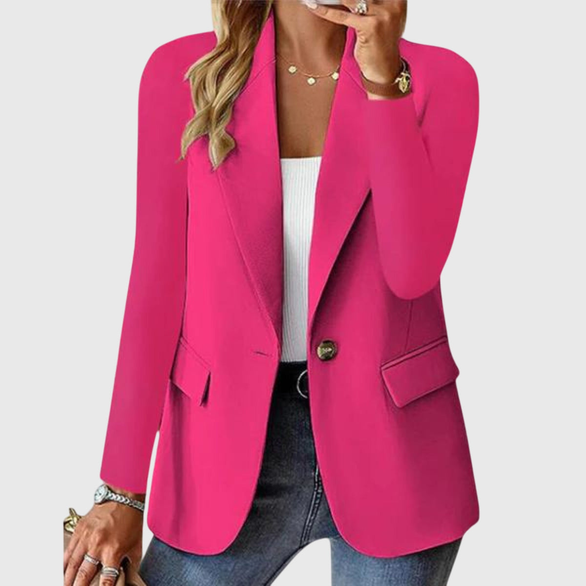 Women's Tailored Blazer with Notch Lapel and Single Button Fastening - Pink