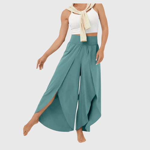 Women's Flared Trousers with Integrated Shorts and Split Hem - Light Blue