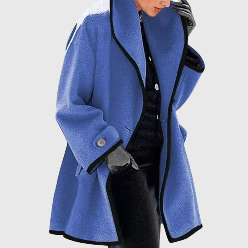 Women's Fleece Jacket with Contrast Trim and Wide Collar - Blue
