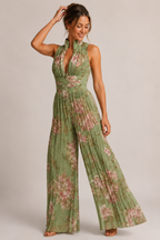 Women's Pleated Jumpsuit Sleeveless with Plunge Neckline and Wide Leg - 3
