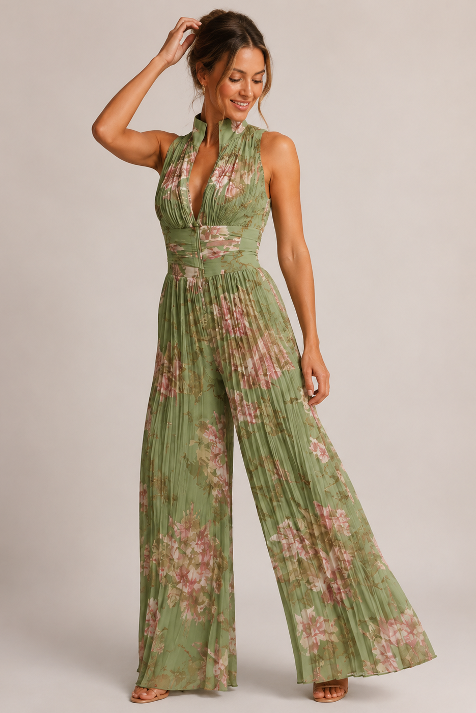 Women's Pleated Jumpsuit Sleeveless with Plunge Neckline and Wide Leg - 3