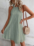 Women's Halter Neck Mini Dress with Eyelet Embroidery and A-Line Silhouette - Green