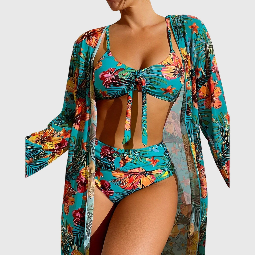 Women's Bikini Set with Tie-Front Top and Halter Neck - Blue