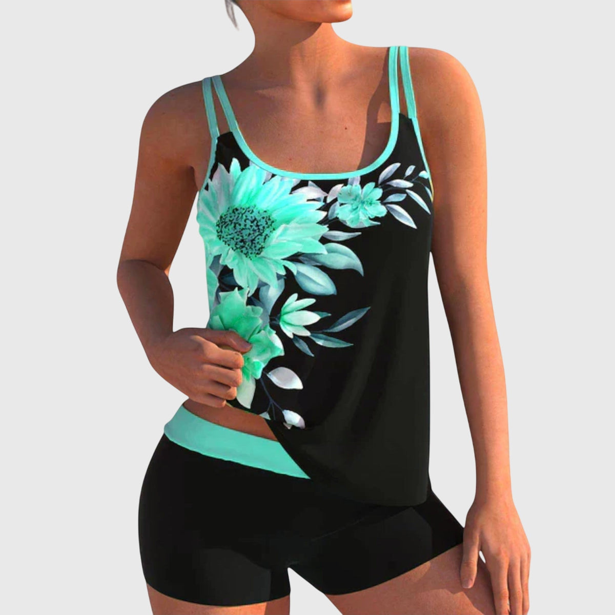 Women's Floral Print Two-Piece Swimsuit Set with Tank Top and Shorts - Blue