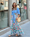 Women's Wide A-Line Maxi Skirt with Tiered Ruffle Hem and Print - Diamond Pattern