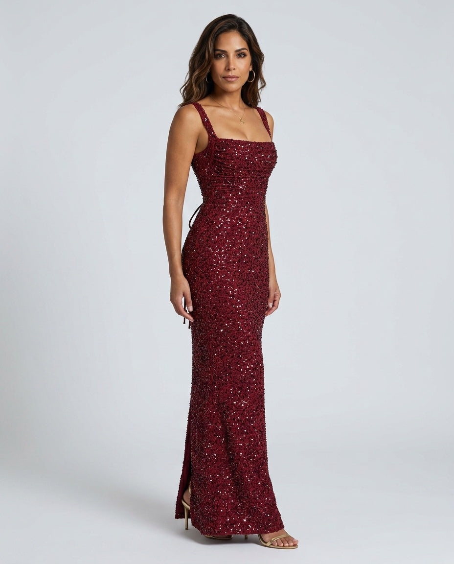 Women's Sequin Maxi Dress Sleeveless with Square Neck and Tie-Up Detail - 12