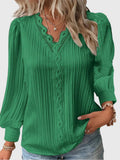 Women's Blouse Long Sleeve with Lace Trim V-Neck - Green