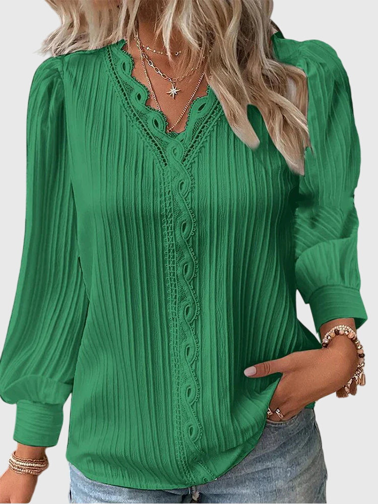 Women's Blouse Long Sleeve with Lace Trim V-Neck - Green