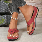 Women's Toe-Post Sandals with Floral Detail and Low Wedge - 11