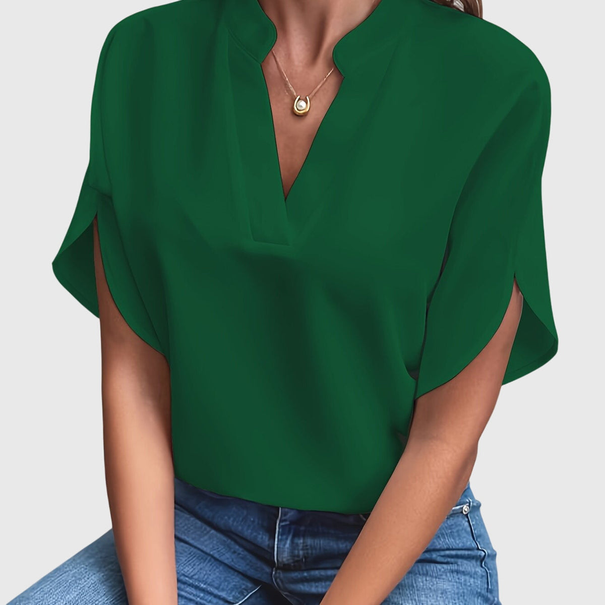 Women's Blouse Short Sleeve with V-Neck and Split Cuffs - Green
