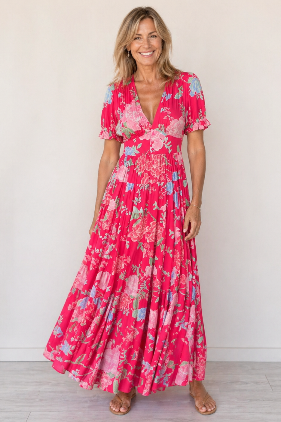 Women's Maxi Dress Puff Sleeve with V-Neck and Tiered Skirt - Red