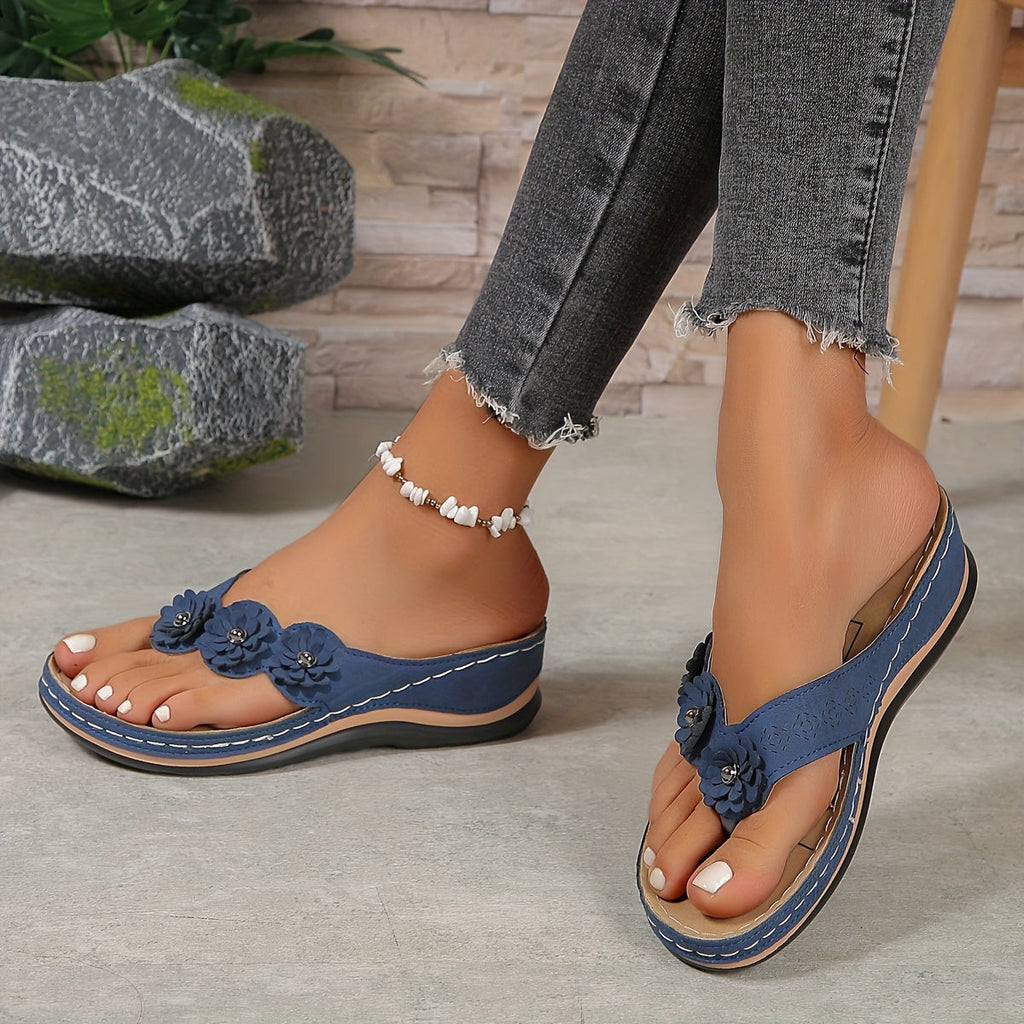 Women's Toe-Post Sandals with Floral Detail and Low Wedge - 12