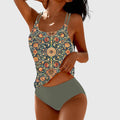 Women's Swimsuit Set with Printed Panel and Strappy Straps - Green