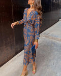Women's A-Line Maxi Dress with V-Neck and Long Sleeves - Blue