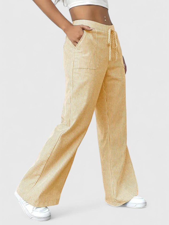 Women's Wide-Leg Trousers with Elasticated Drawstring Waist - Yellow
