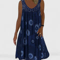 Women's Sleeveless Dress with Lace Yoke and Mandala Print - Dark Blue