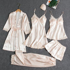 Women's Satin Lace Nightwear Set 5-Piece for Sleepwear - Champagne