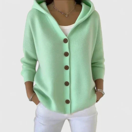 Women's Hooded Cardigan Button-Front with Long Sleeves - Green