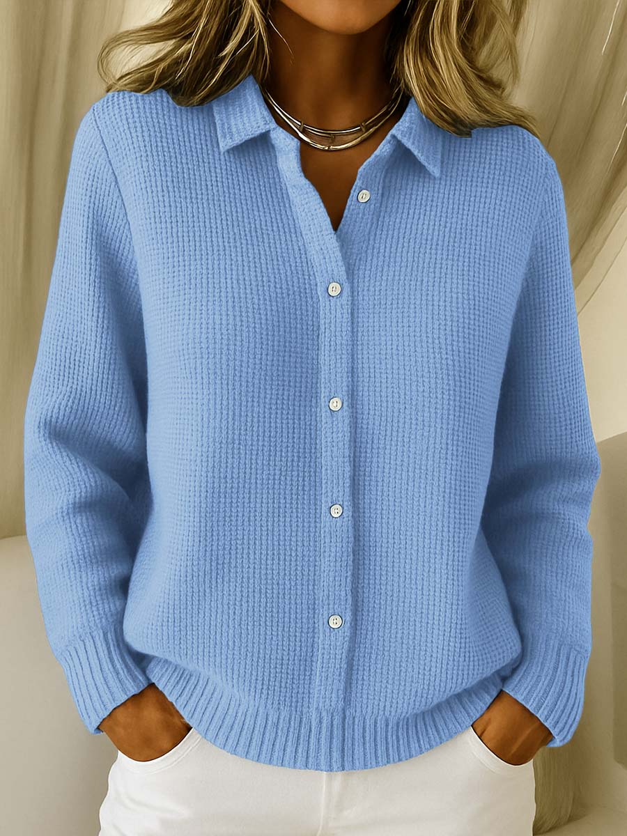 Women's Knitted Button Cardigan with Collar and Long Sleeves - Blue