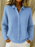 Women's Cardigan with Collar and Ribbed Cuffs - Blue