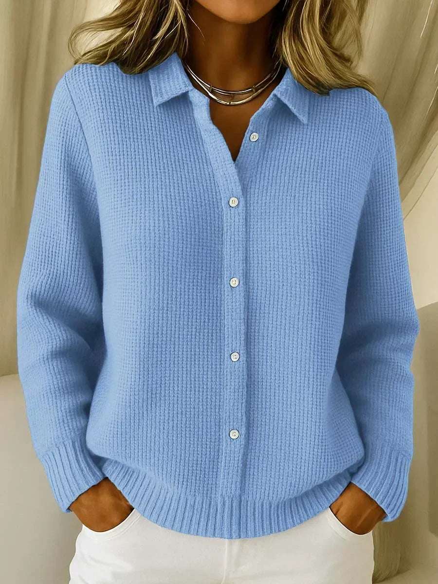 Women's Cardigan with Collar and Ribbed Cuffs - Blue