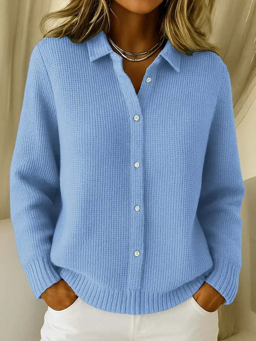 Women's Cardigan with Collar and Ribbed Cuffs - Blue