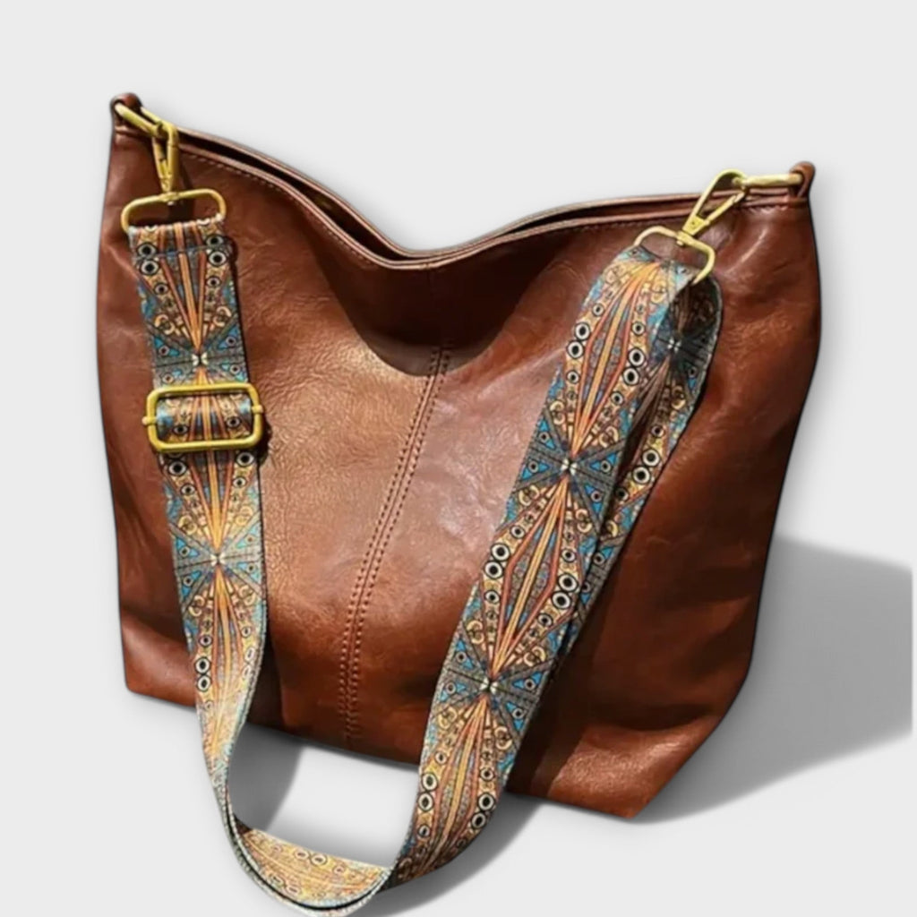 Women's Vintage Style Slouchy Shoulder Bag with Embroidered Strap - Brown