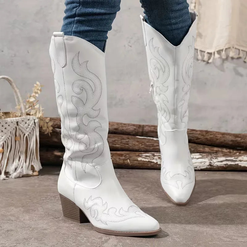 Women's Knee-High Embroidered Cowboy Boots with Pointed Toe - 15