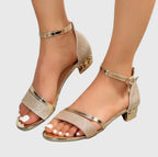 Women's Heeled Sandals with Ankle Strap and Block Heel - Gold