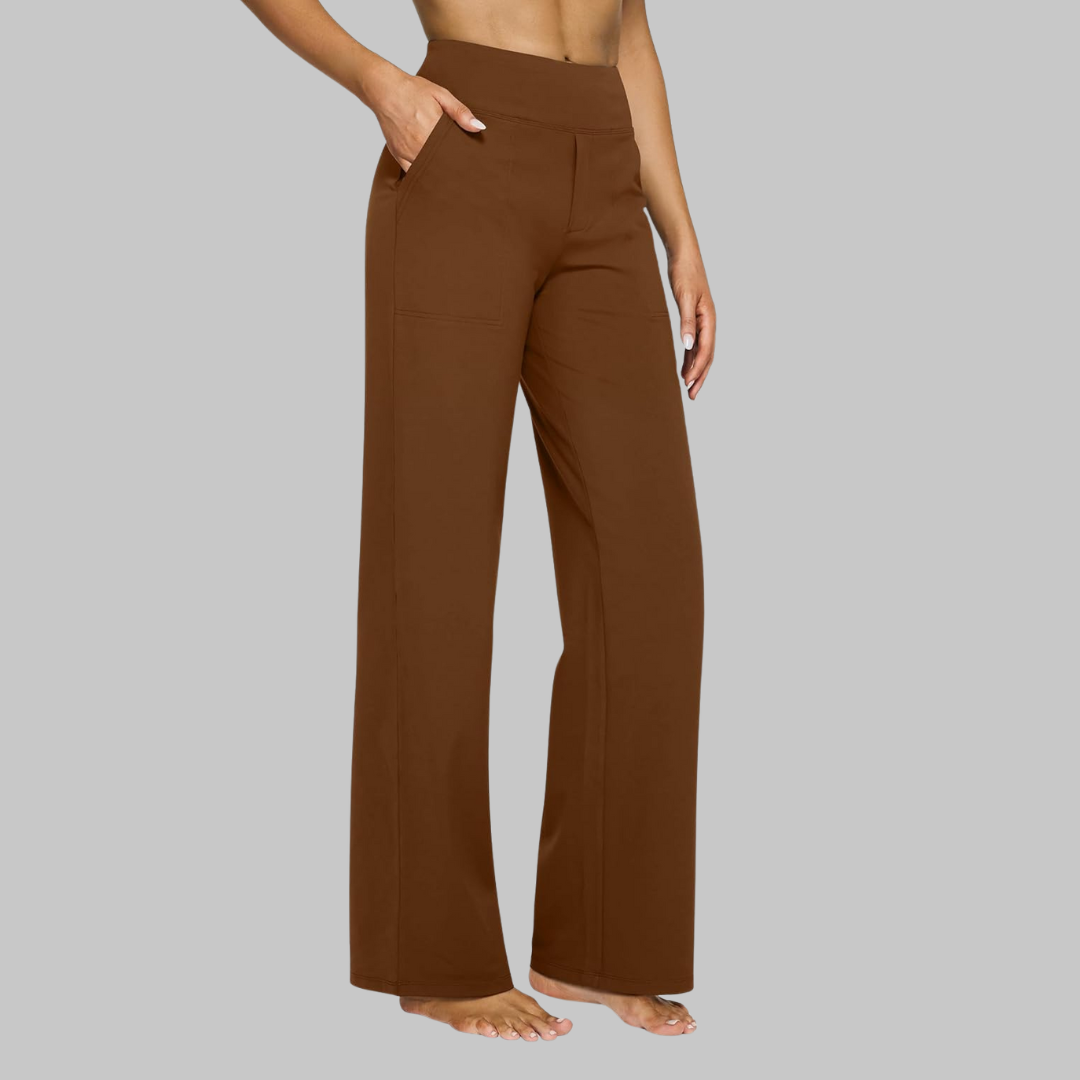Women's Straight Leg Trousers with High Waist and Pockets - Brown