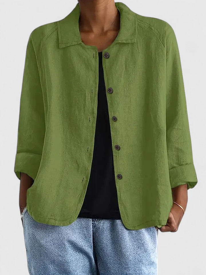Women's Button-Up Top with Collar and Long Sleeves - Green
