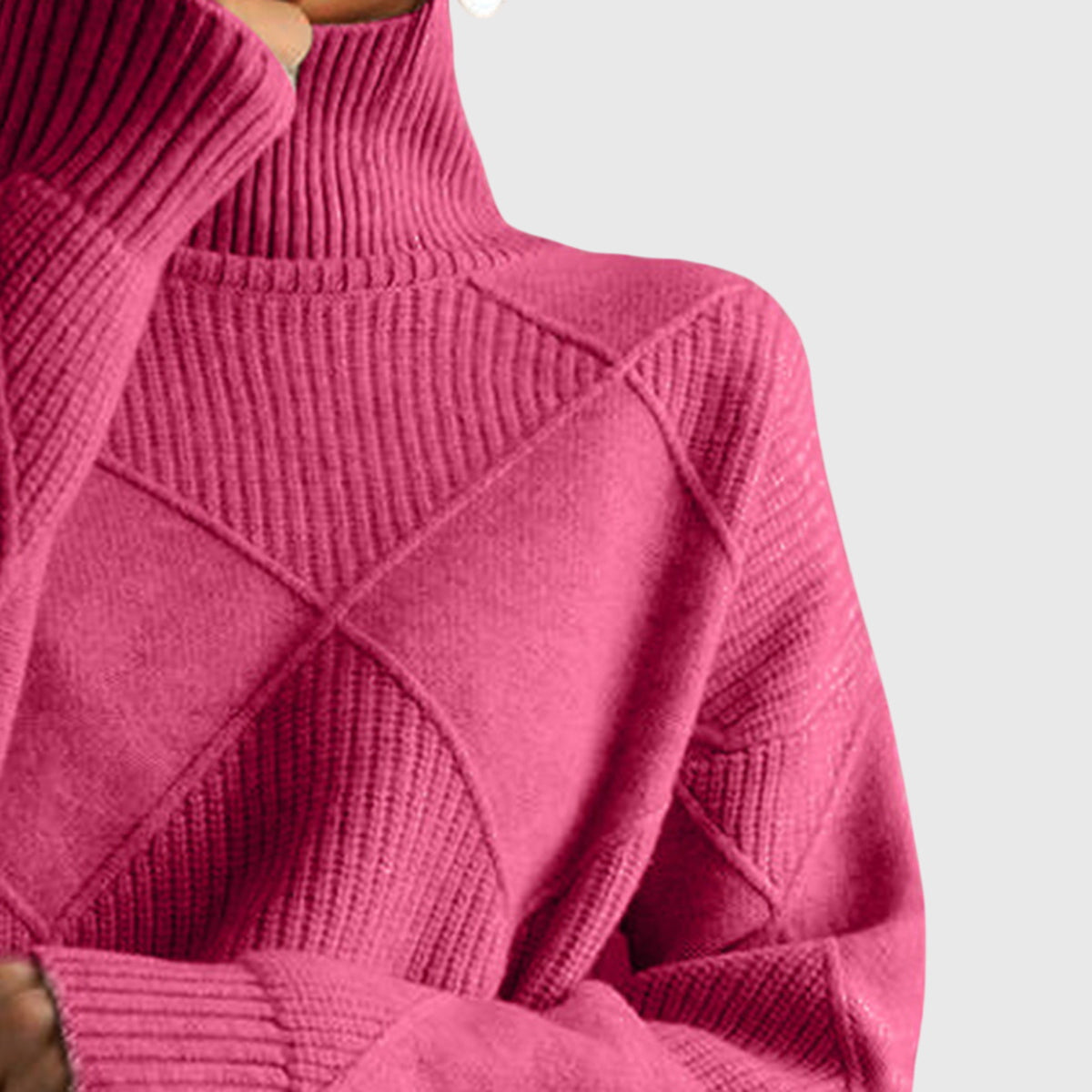 Women's Roll Neck Jumper with Geometric Knit Pattern - 3