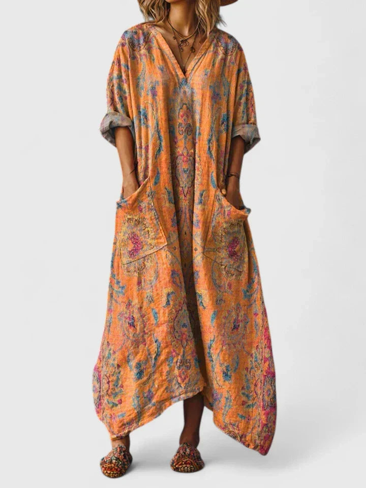 Women's Maxi Dress Relaxed Boho Fit with V-Neck and Deep Pockets - Orange