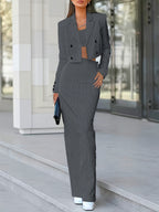 Women's Pinstripe Blazer and Trouser Set Office Wear - Dark Grey