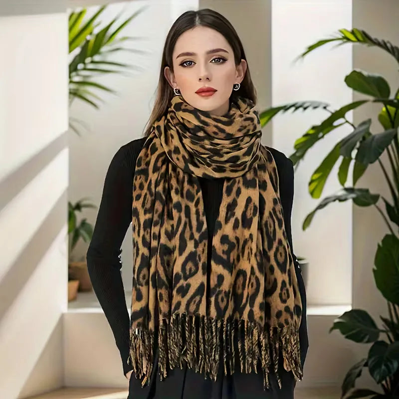 Women's Winter Scarf with Fringed Edges and Leopard Print - Leopard