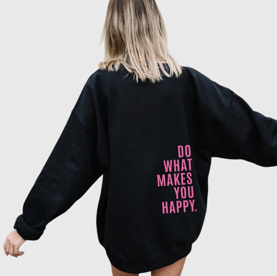 Women's Oversized Hoodie with Slogan Print - Black