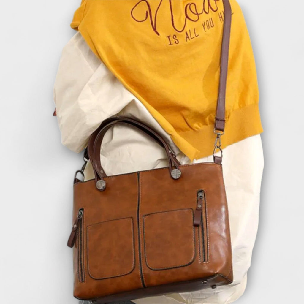 Women's Structured Tote Handbag with Front Pockets - 4