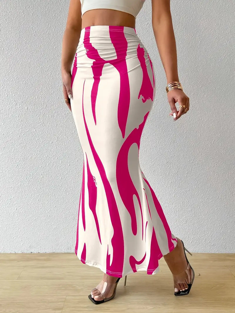Women's Slim Fit Midi Skirt with Zebra Print and High Waist - Pink
