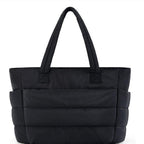 Women's Quilted Tote Bag with Padded Shoulder Straps - Black