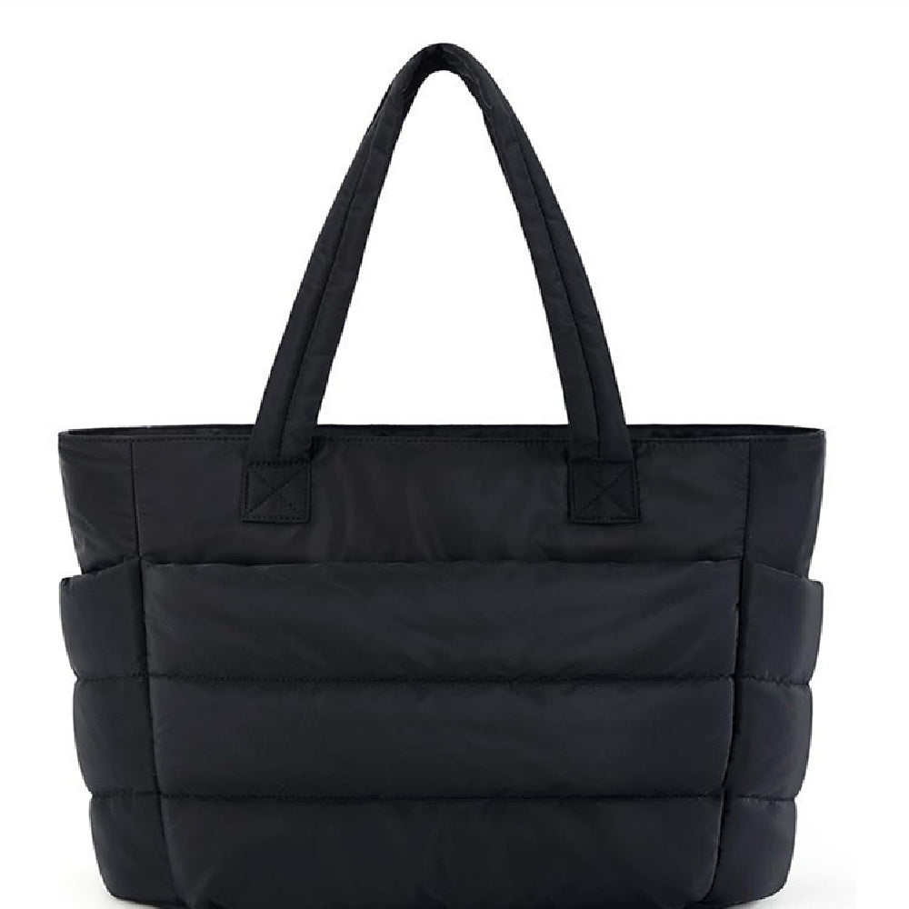 Women's Quilted Tote Bag with Padded Shoulder Straps - Black