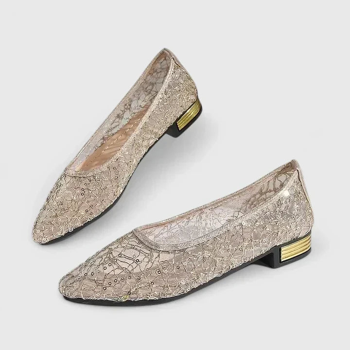 Women's Flats with Lace Mesh and Block Heel - 2