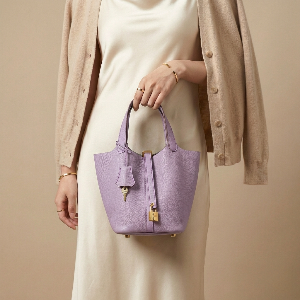 Women's Structured Bucket Bag with Twist-Lock Clasp - 27