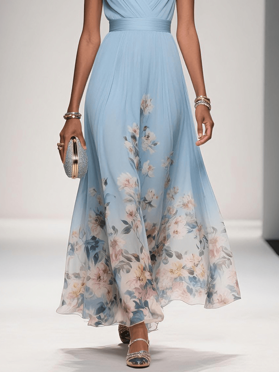 Women's Sleeveless Floral Print Dress with V-Neck and A-Line Silhouette - 10